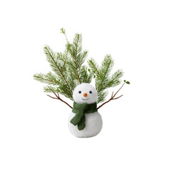 Adorable snowman figurine adorned with a green scarf, surrounded by lush greenery, perfect for winter decorations.