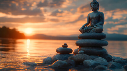Serene Buddha statue meditates atop a balanced stack of stones, set against a breathtaking sunset over tranquil water and distant mountains. : Generative AI