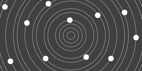 Abstract black and white background with a spiral and planet-like circles. banner.