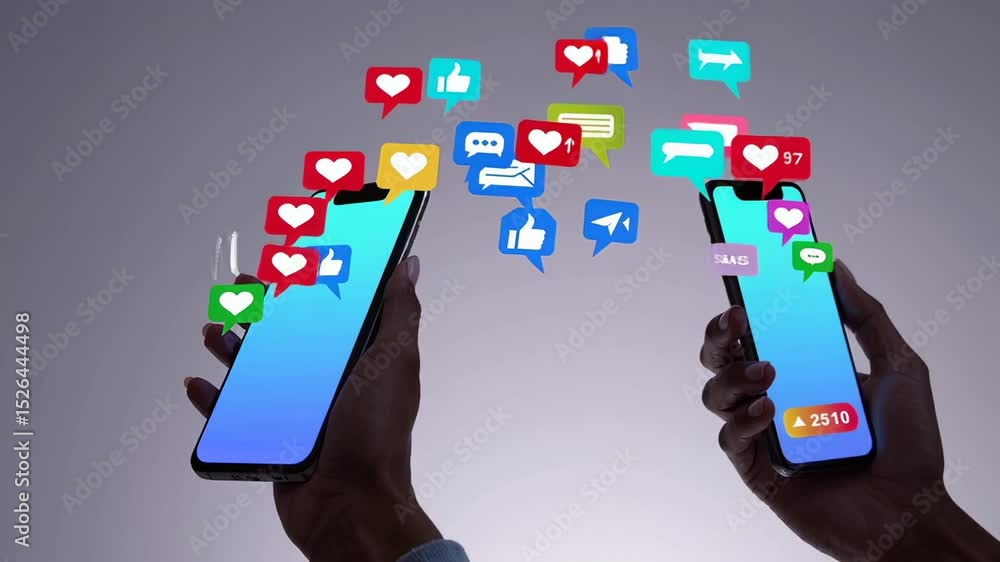 Poster two hands holding smartphones are exchanging social media icons, symbolizing communication and inter