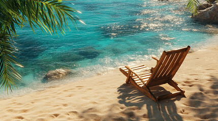 A wooden beach chair placed on a coast line at a beach with ocean in the background 
