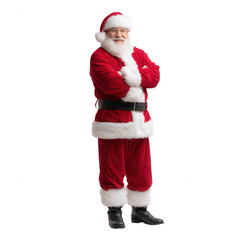 Cheerful Santa Claus in iconic red suit with white fur trim, arms crossed, standing confidently. Perfect for festive holiday themes and joyful celebrations.