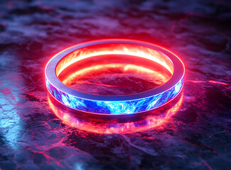 Glowing red and blue neon ring levitates above a dark reflective surface, emitting vibrant light streaks. A futuristic and energetic scene.