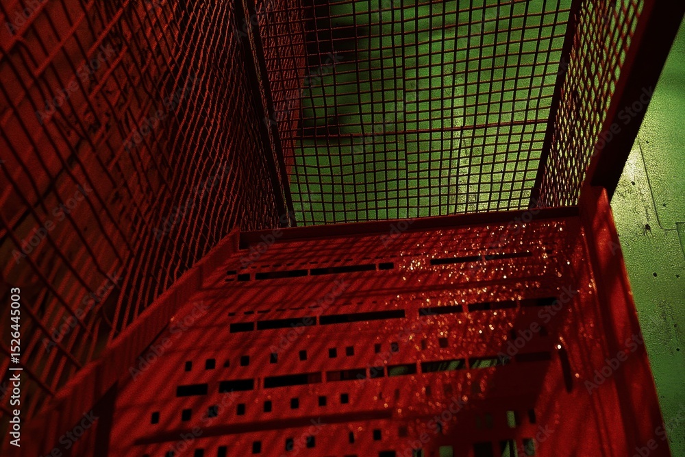 Poster red metal storage cart with grid pattern and shadow play in low light