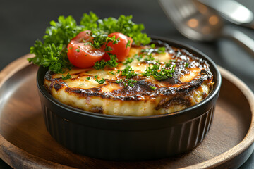 Traditional greek moussaka dish served with a side salad of parsley and cherry tomatoes