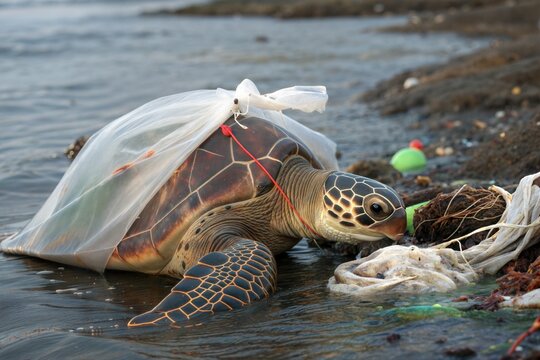 A sea turtle look trapped in broken and torn plastic wrapped around its body. Set against the ocean backdrop, this worrying scene highlights the impact of plastic pollution on marine wildlife. A power