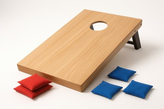 Cornhole Game Board Leaning with Red and Blue Bean Bags on White Background
