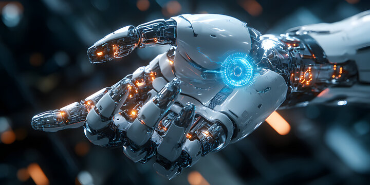 Man hand connecting to a robot on dark tech background with a blue halo at center. Generative ai cyborg hand