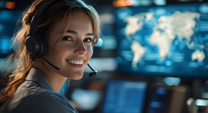 Smiling Woman in Headset Working at Laptop in Call Center with a Globe and World Map Background