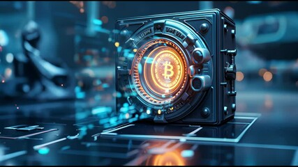 3D animated Bitcoin safe with glowing holographic interface and digital blockchain data. Concept of cryptocurrency security, digital assets storage, and fintech innovation - Powered by Adobe