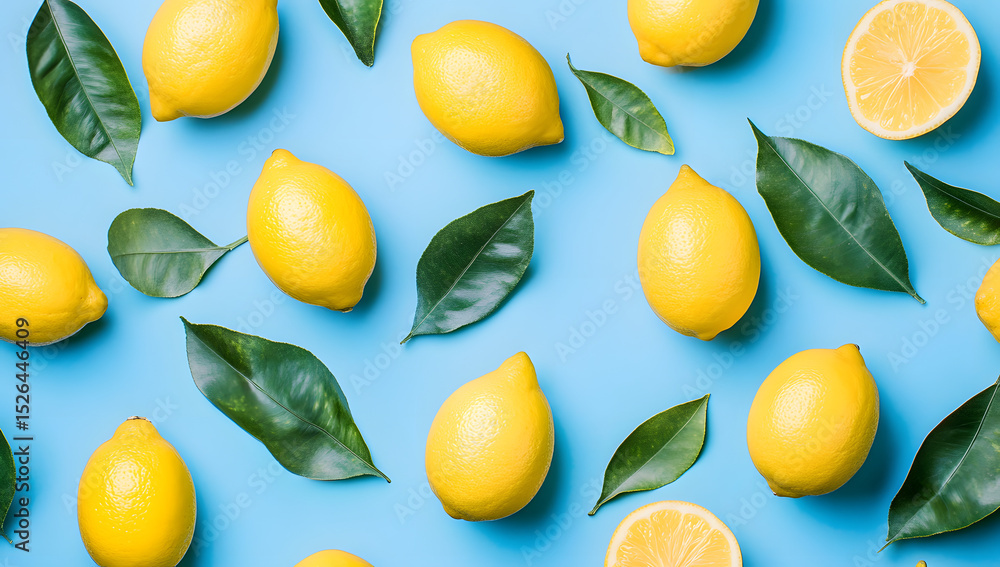 Poster fresh lemon pattern on a bright color background flat lay