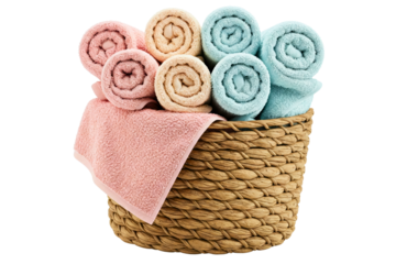 Neatly rolled towels in a basket for organized bathroom decor isolated on a transparent background