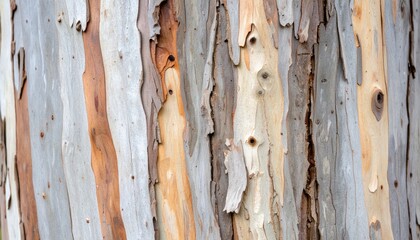 Eucalyptus bark texture with layered peeling and soft gray tones