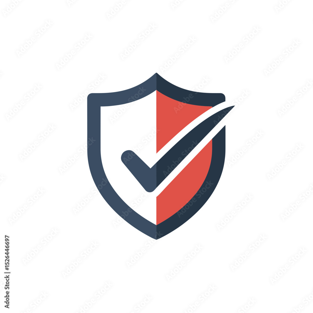 Poster a stylized shield icon with a checkmark, representing security and approval; concept for app design,