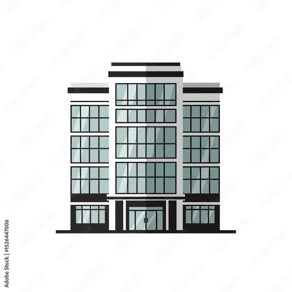 Poster flat illustration of a modern building with large windows and a black and white color scheme, concep