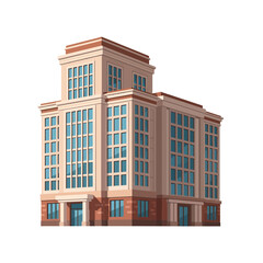 Fototapeta premium Illustration of a beige multi-story office building with many windows, brick base, and an entrance; concept for architecture, real estate, and urban development