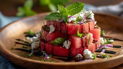Watermelon Feta Salad with Mint and Balsamic Glaze on a Wooden Plate