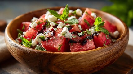 Watermelon Feta Salad with Mint and Balsamic Glaze in a Wooden Bowl