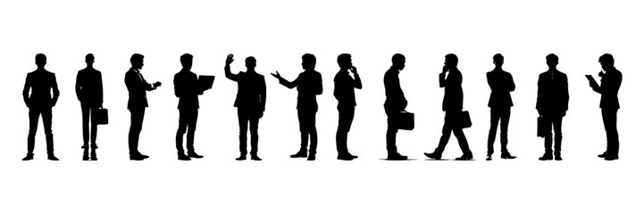 Business Professionals In Various Poses Silhouette Icon Set. Corporate Communication And Interaction Symbol Collection. Business And Office Use. Isolated Vector Illustration