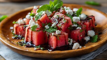 Watermelon Feta Salad with Mint and Balsamic Glaze on a Wooden Plate