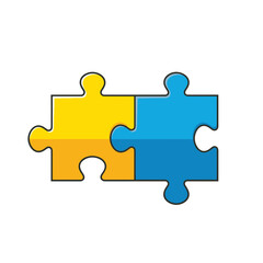 Obraz premium Two interlocking puzzle pieces, yellow and blue, on transparent background; concept for teamwork, connection, and solution