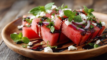 Watermelon Salad with Feta, Mint, and Balsamic Glaze on a Wooden Plate