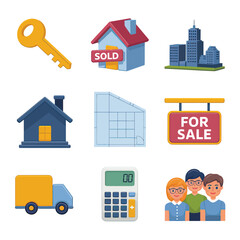 vector icons real estate business house key, symbolizing ownership new home House Sold Sign icon "Sold" sign in front, representing successful real estate 
