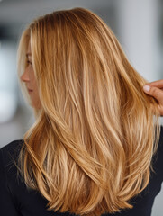 Naklejka premium Beautiful golden hair flowing elegantly in a modern salon environment