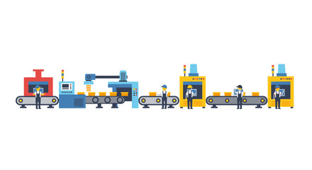 Fototapeta premium Flat illustration of factory workers operating a production line, concept for manufacturing process, industry, and business workflow