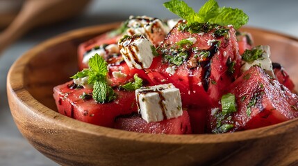 Watermelon Feta Salad with Mint and Balsamic Glaze in a Wooden Bowl