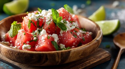 Watermelon Feta Salad with Mint and Lime in a Wooden Bowl