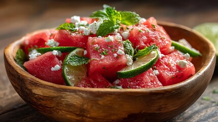 Fresh Watermelon Salad with Mint, Lime, and Feta in a Wooden Bowl