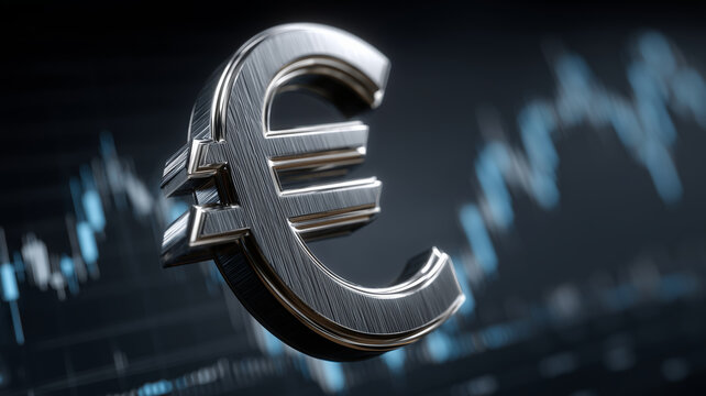 Futuristic metallic Euro symbol glows on a digital backdrop of financial graphs - Powered by Adobe