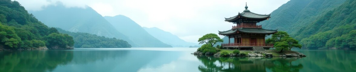 Ancient wooden pagoda on lake, lush green hills backdrop , water, stockphoto