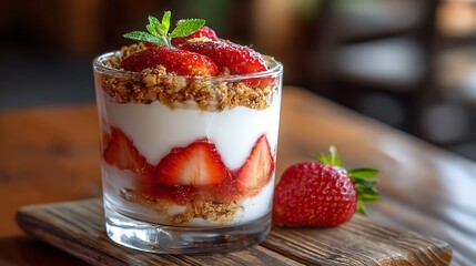 Strawberry Yogurt Parfait with Granola in a Glass