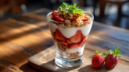 Strawberry Yogurt Parfait with Granola and Mint Garnish