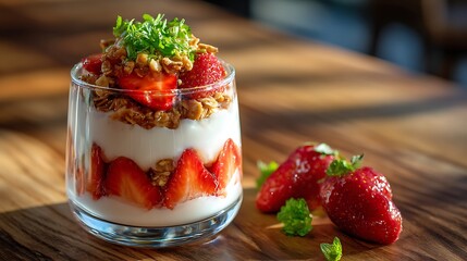 Strawberry Yogurt Parfait with Granola and Fresh Herbs