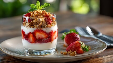 Strawberry Yogurt Parfait with Granola and Mint Garnish