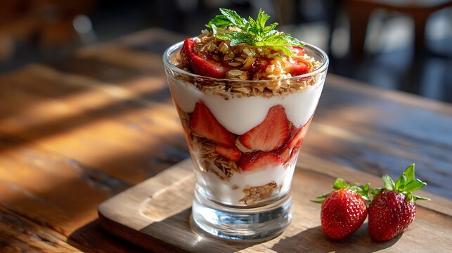 Strawberry Yogurt Parfait with Granola and Mint Garnish