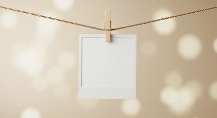 blank white polaroid hanging on wooden clothespin on rope. blurred bokeh in the background. mix and match photo template.