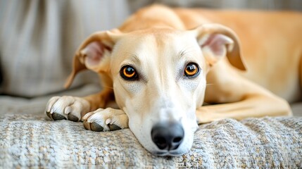Obraz premium Close-up of a light-brown dog resting on a couch.