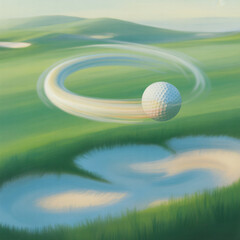 Abstract flow art: Pearlescent golf ball gracefully arcs over verdant fairway. Soft trails, peaceful pastel gradients, serene motion.