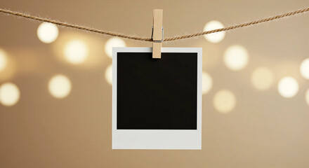 blank black polaroid hanging on wooden clothespin on rope. blurred bokeh in the background. mix and match photo template.