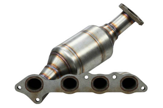 Automotive catalytic converter with exhaust manifold attachment isolated on a transparent background