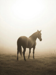 A brown horse stands in a foggy field. The horse has a strong build and a long mane. The background is blurred with mist, creating a serene atmosphere.