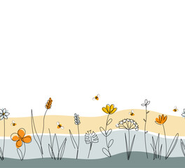 Vector nature seamless border with honey bees, wild herbs and flowers on rainbow background. Continuous line drawing. Doodle hand drawn style floral illustration