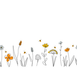 Vector nature seamless border with honey bees, wild herbs and flowers on white. Continuous line drawing background. Doodle hand drawn style floral illustration.
