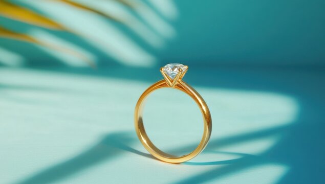 Gold diamond ring, teal backdrop, palm leaf shadow, jewelry advertisement
