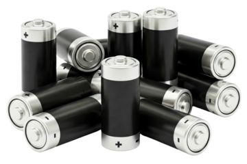 Stack of black batteries with silver tops isolated on a transparent background