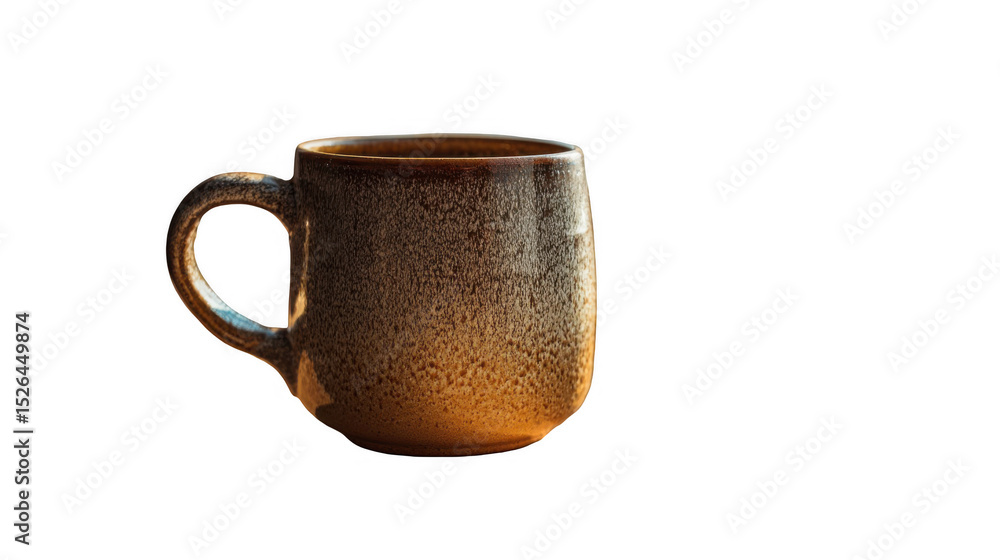 Poster empty ceramic mug with a handle, showcasing its brown and textured surface, isolated on a transparen